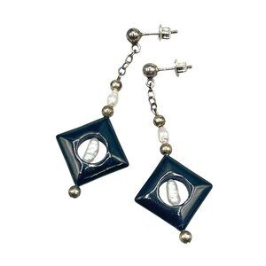 Vintage Onyx And Pearls Earrings Sterling Silver Dangles Drops Diamond Shaped